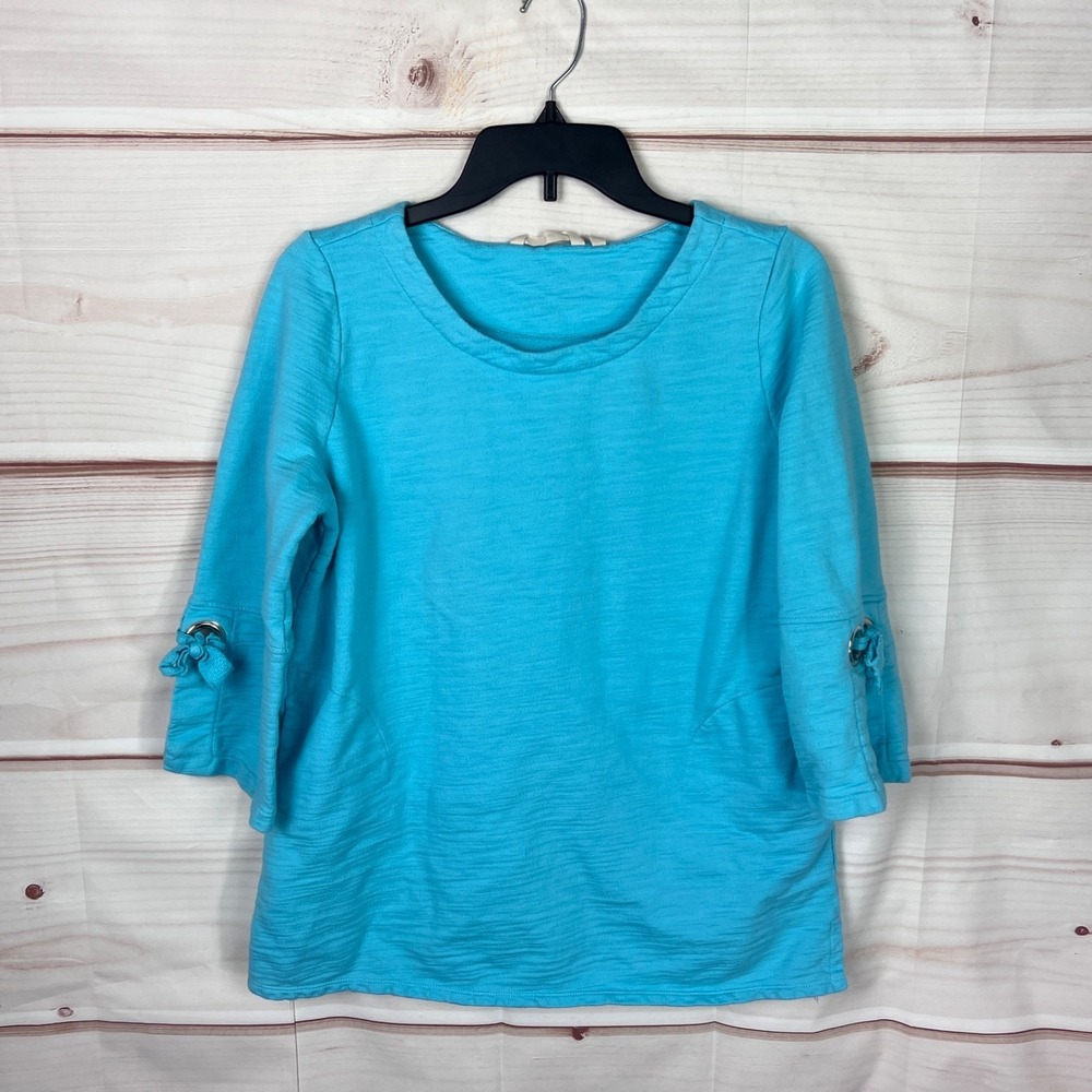 Soft Surroundings Top Women M Blue Sweatshirt 3/4 Sleeve Cotton Terry Knit Solid